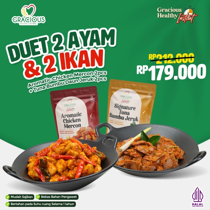 

Duet 2 Ayam & 2 Ikan Aromatic Chicken Mercon 2pcs + Tuna Bumbu Daun