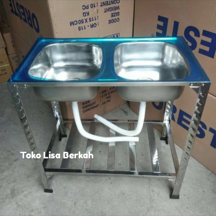 [Baru] Bak Cuci Piring - Kictchen Sink Kaki Meja Rak Portable 2 Lobang Diskon