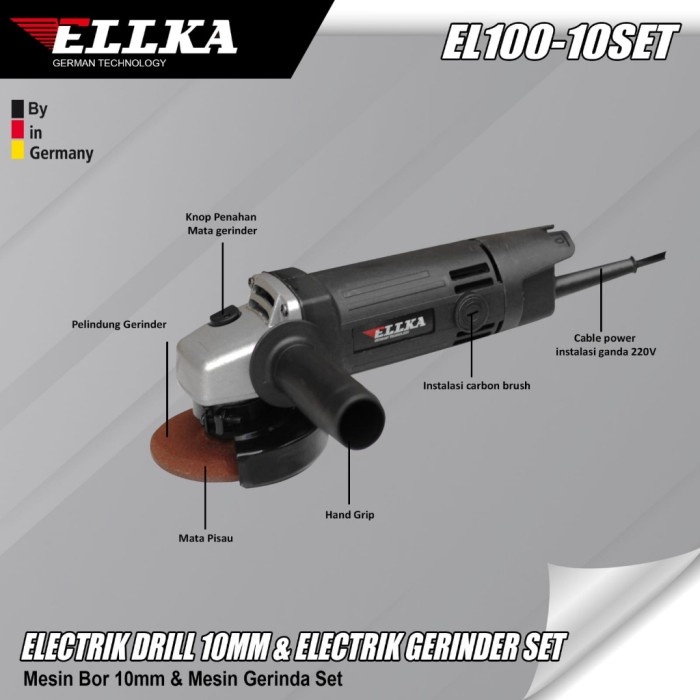 Ellka Bor + Gerinda Box Bor 10Mm + Gerinda 4Inch + Mata Bor Kayu+Mata Bor Beton+Batu Potong + Batu