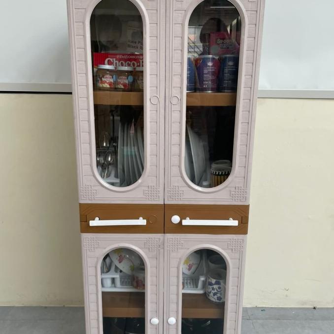 Lemari Plastik Dapur CLUB GRAND MINI rak 4 susun Kaca + 2 Rak Piring