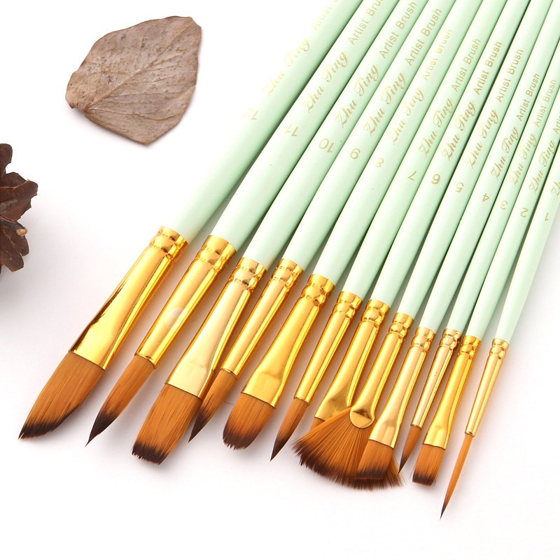 

Isi 12/Set Kuas Cat Air Professional Nylon Hair Paint Brush Watercolor Acrylic Wooden Handle