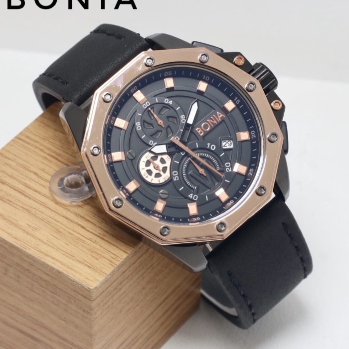 ✅New Ori Jam Tangan Pria Bonia Chrono  Tanggal Aktif Tali Kulit Black Rosegold Diskon