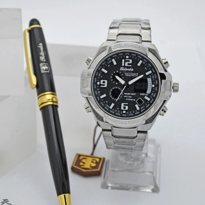 ✅New Ori Jam Tangan Pria Tetonis T1009 Rantai Silver Steel Dualtime Original Diskon