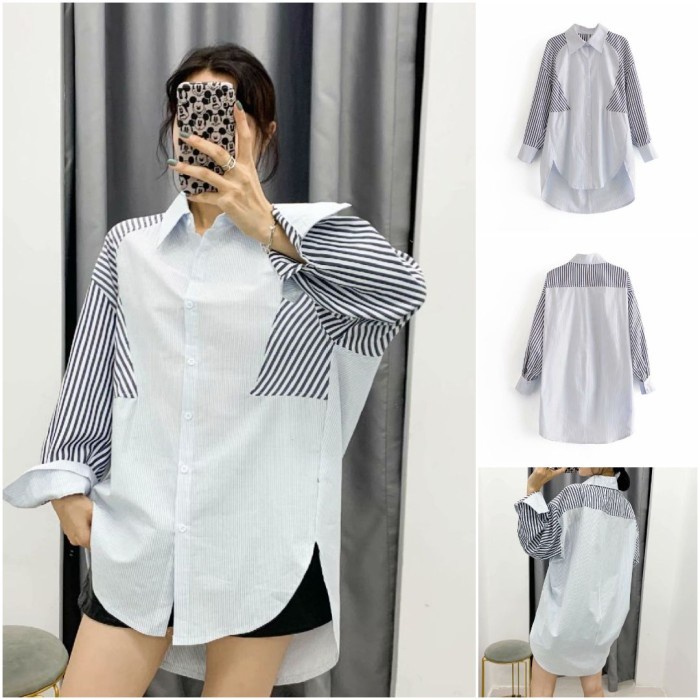 [COD] Blouse Oversize Wanita/ Kemeja Bigsize Wanita Motif Dua Warna Garis Limited