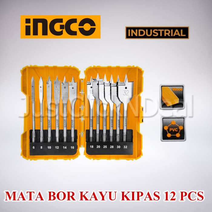 ✅COD Ingco Mata Bor Kayu Kipas Set 12 Pcs 6 - 32 Mm Flat Wood Drill Bit Terbatas