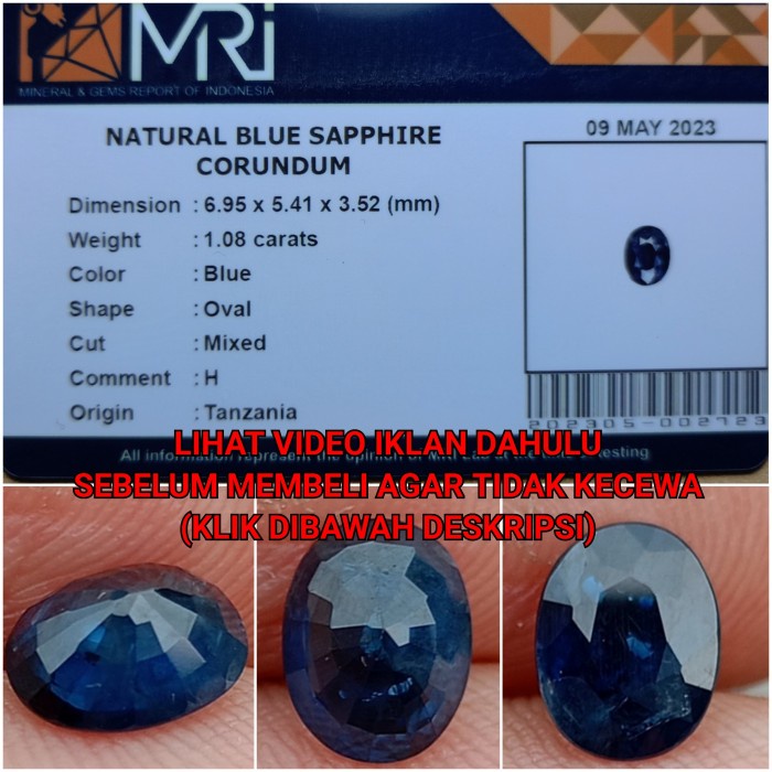 ✨Termurah Tanzania  Natural Blue Sapphire Corundum H 1.08Cts Blue Memo Mri Terbaru