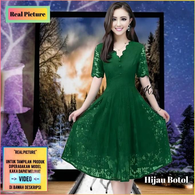 dress cotail wanita kirei baju gaun pesta natal brukat hijau botol