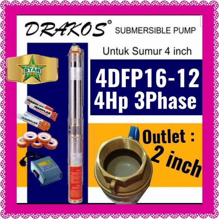 Baru Pompa Satelit Drakos 4Dfp16-12 4Hp 3Phase 16 Kubik/Jam Submersibel M Harga Khusus