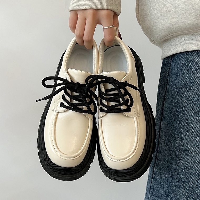 Sepatu Kulit Perancis Sepatu Brogue Vintage Platform Wanita Populer