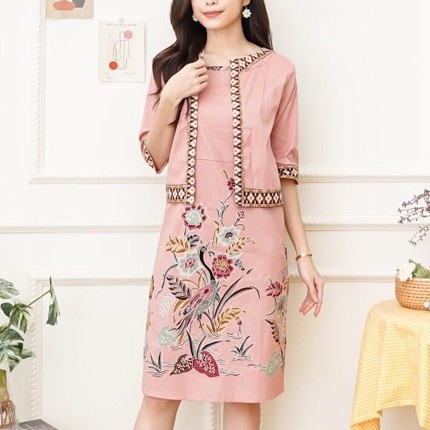 Dress Midi Batik Baby Pink Soft Cheongsam Batik Floral Sakura Cve