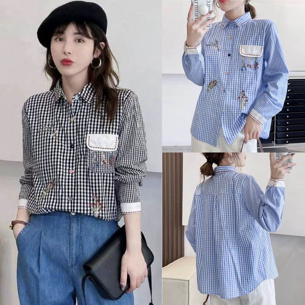 BLUS KEMEJA KATUN KOTAK HITAM BIRU PUTIH BORDIR BUNGA & STITCH IMPORT