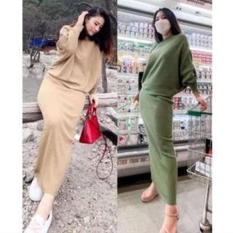 Wanita Polos Satu Set Lasperal Batwing One Set / Pakaian Wanita Set Rajut / Setelan Rajut Sweater / 