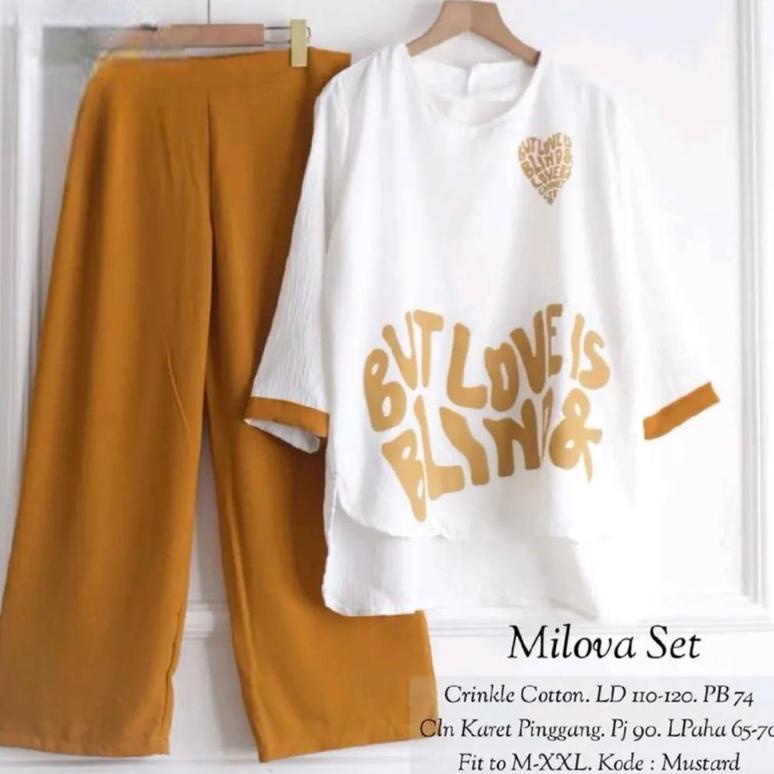 Satu Set Polos Wanita Milova Standar Dan Jumbo Set Crinkle Printing Ld 110 // Setelan Kombinasi Polo
