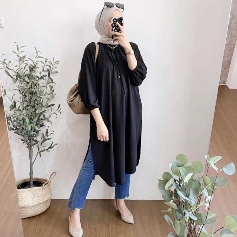 Polos Set Promo Setelan Long Tunik Crinkle Air Flow Dan Celana Jeans 1 Set Model Baru Setelan Wanita