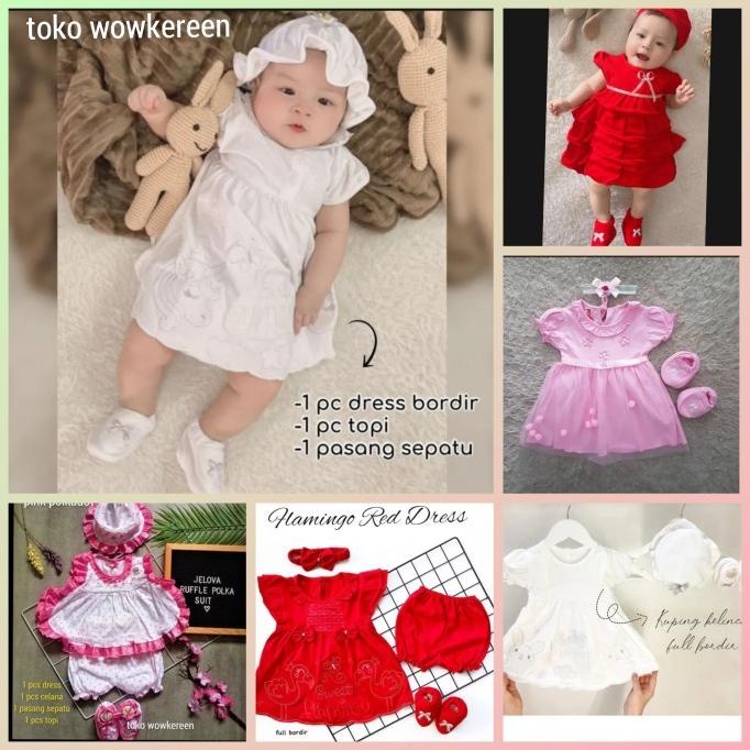 COD I9L BAJU BAYI PEREMPUAN 0 - 6 BULAN DRESS BABY CEWEK 1 SET TOPI