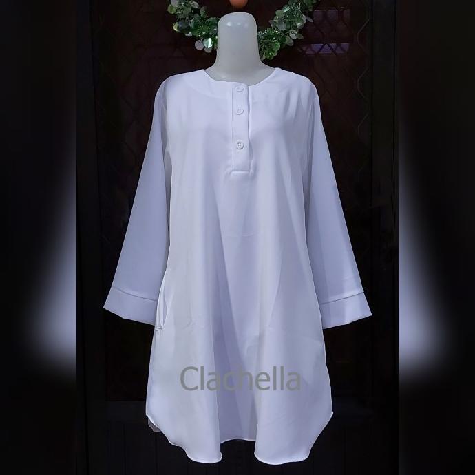 New Clachella Baju Tunik Putih Motif Polos, Baju Atasan Wanita Kasual Terbaik