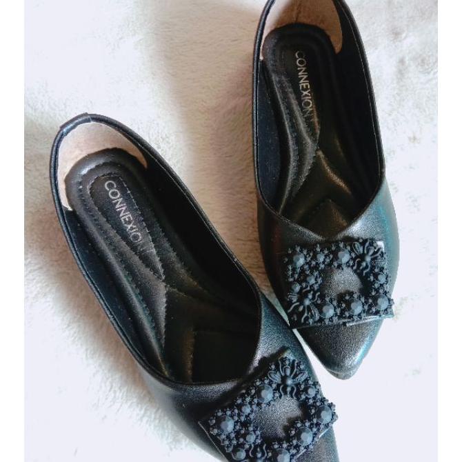 Connexion Sepatu Flat Shoes Wanita Balet Ballerina Bunga Cwe Kekinian Hitam Cream Mocca
