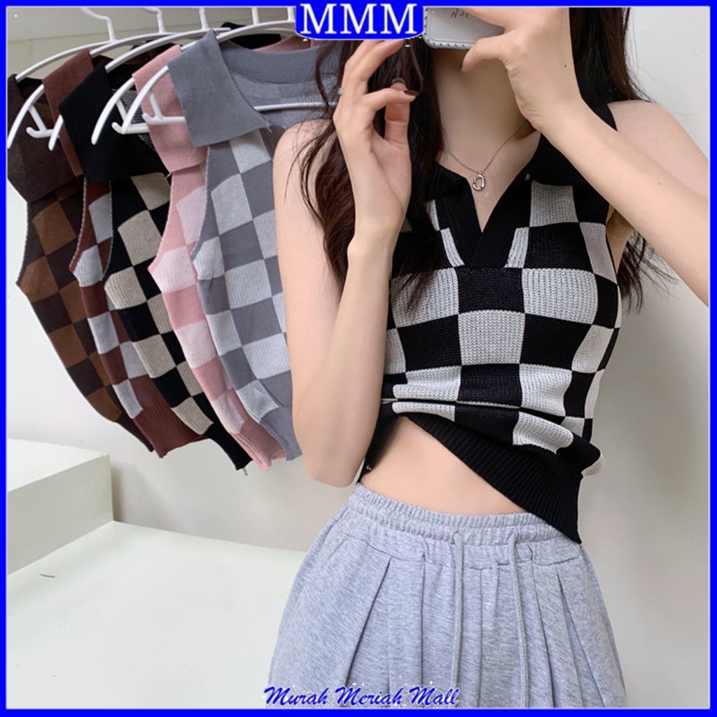 MMM Baju Crop Wanita Korean Diamond Plaid Knit Vest Crop Top 6859 Rompi Rajut Korea V Neck Bahan Mel