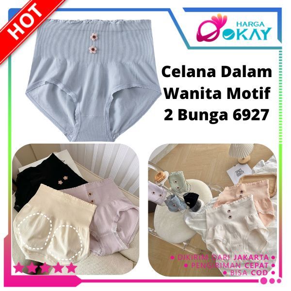 HO Celana Dalam Wanita Highwaist Motif 2 Bunga 6927 Anti Bakteri Celana Pendek Bahan Katun Renda Sem