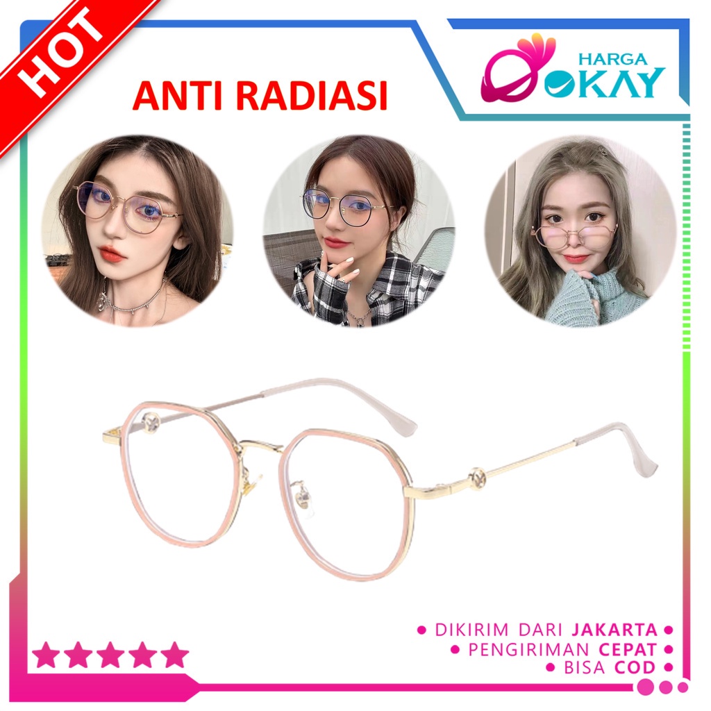 HO Kacamata Anti Radiasi 6637 Kaca Mata Poligonal Wanita Pria Frame Sunglasses Lensa Transparan