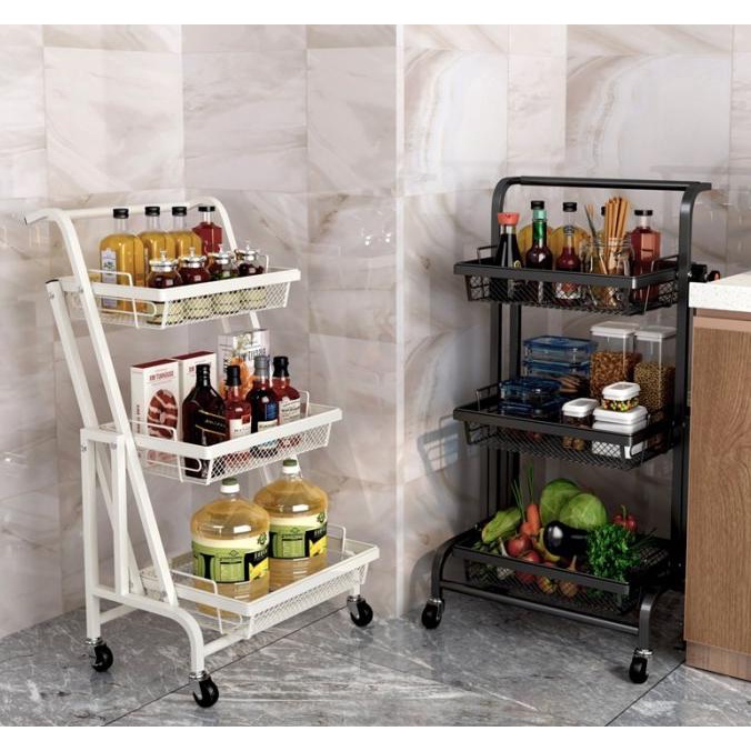 Rak Troli Besi 3 Susun Rak Troli Lantai Roda Dorong Flexible Serbaguna