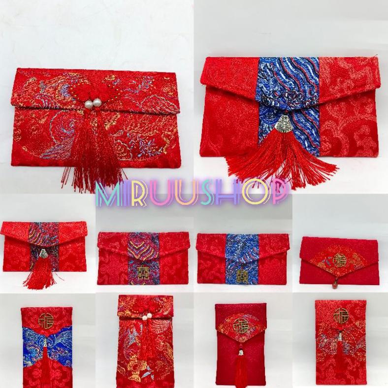 

New Stok Angpau Angpao Kain Shuangxi Sangjit Imlek Fu Hoki Premium High Quality Warna Merah Terlaris