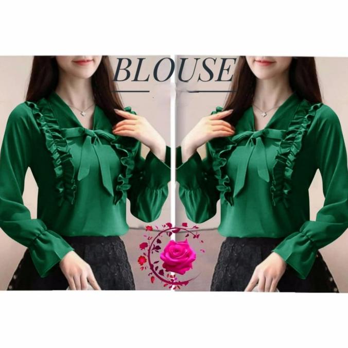 New!! Baju Atasan Wanita Blouse Dinar Hijau Botol Korean Style Remaja Din Gb