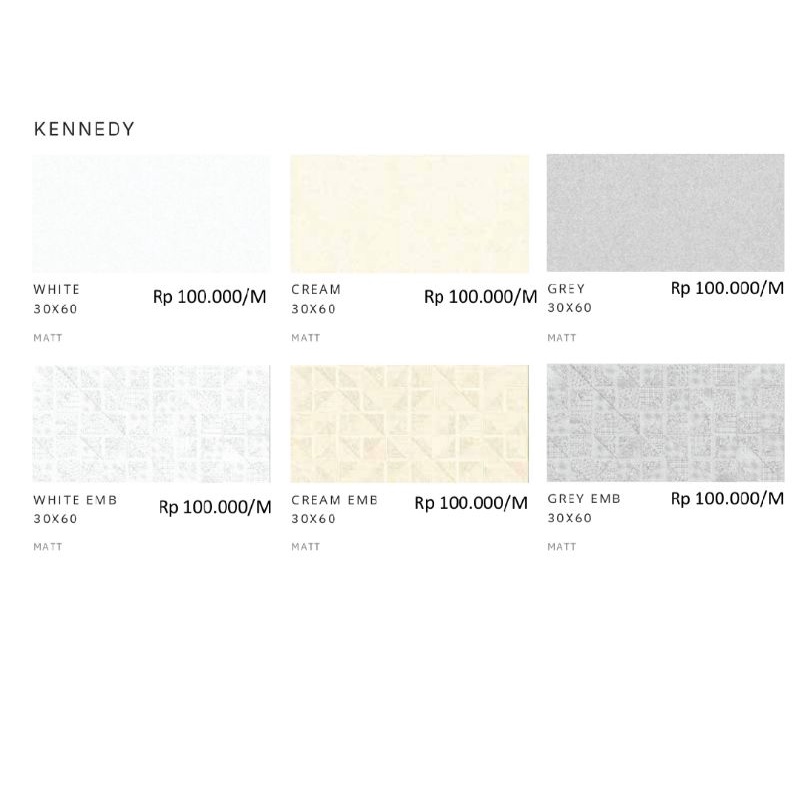 Keramik Matt Kennedy warna putih/Putih Emb/abu/Abu Emb/ Cream/Cream Emb Ukuran 30x60 by Platinum/Ker