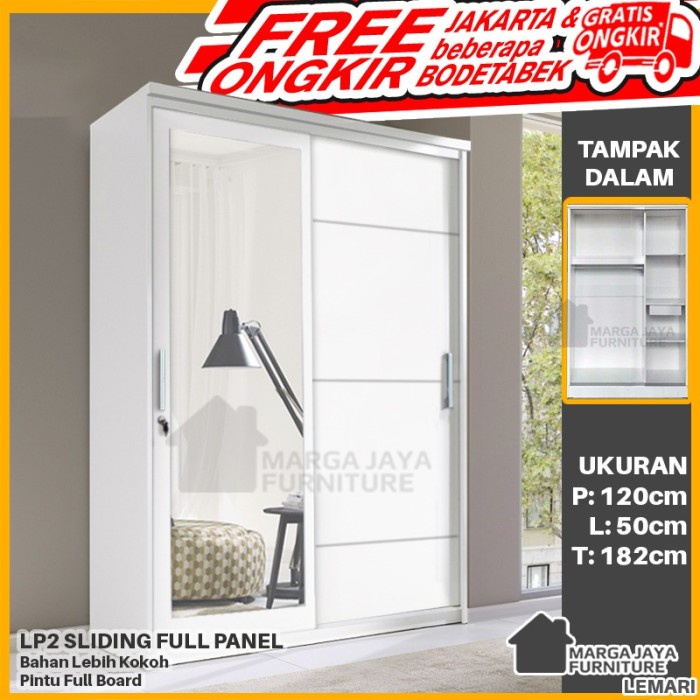 LEMARI PAKAIAN BAJU 2 PINTU SLIDING PUTIH + KACA CERMIN MINIMALIS