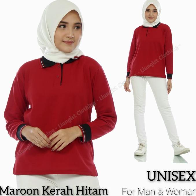 Kaos Polo Panjang Marun Kerah Hitam / Kaos Kerah Panjang
