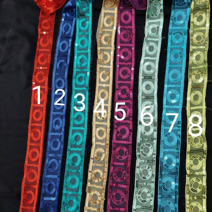 

renda payet, 8 warna, lebar 3,5cm , harga per 13,5m