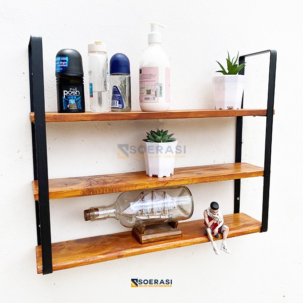 

FUJI rak dinding 3 ambalan kayu dan besi buku make up hiasan dekorasi