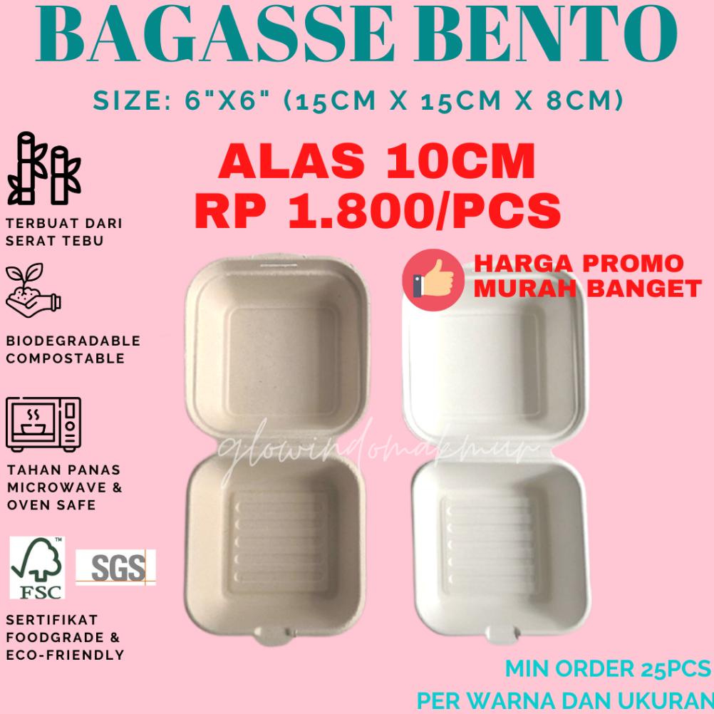 

Ready!!!(COD) Bagasse Box Bento Cake Burger 15cm x 15cm 6inch 6" Lunchbox Small Sugarcane Serat Tebu ECO FRIENDLY