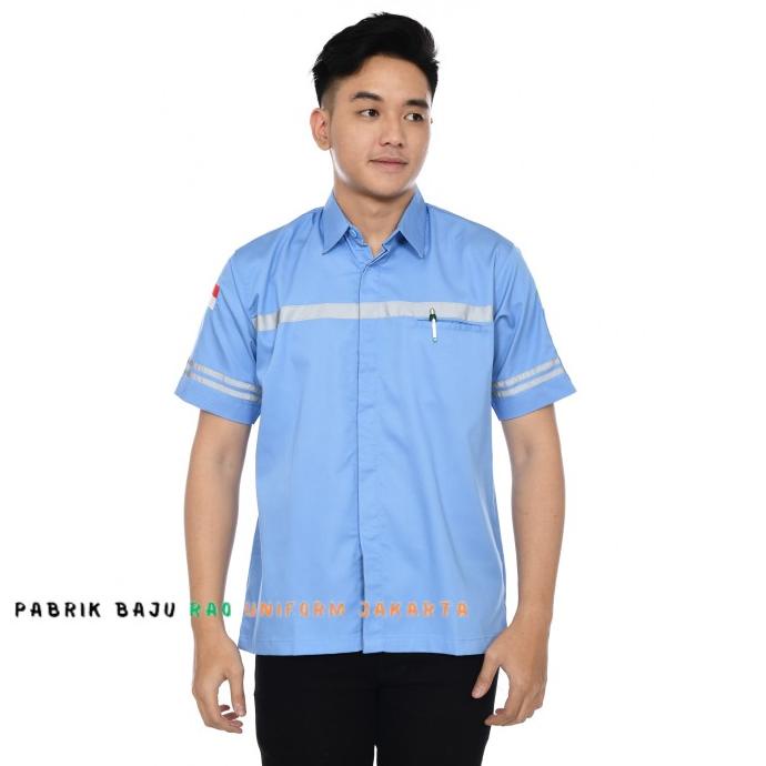 Atasan wearpack lengan pendek pria, seragam pabrik/lapangan, bordir