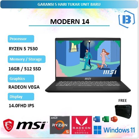 Msi Modern 14 Ryzen 5 7530 Ram16Gb 512Gb Win11+ohs 14FHD IPS Blit