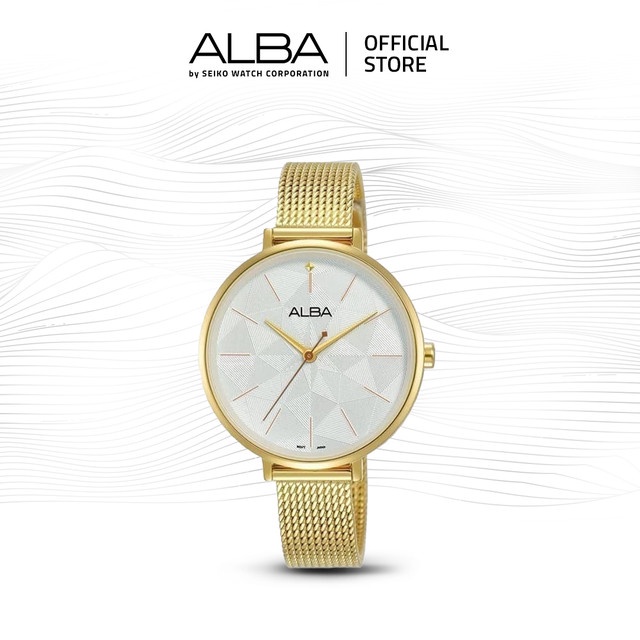 Alba Jam Tangan Wanita AH8674 / AH8674X1 Quartz Silver White Dial Gold Stainless Steel Mesh Bracelet