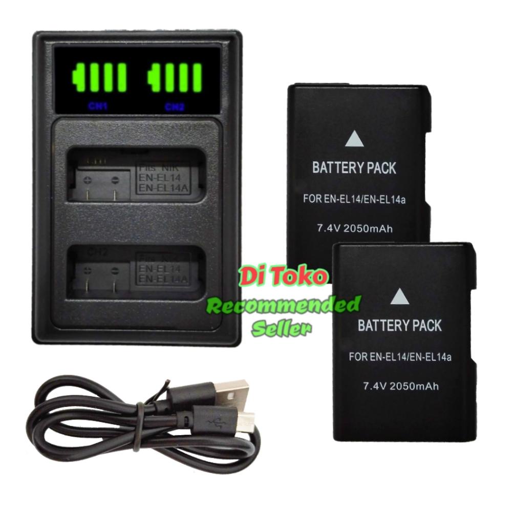 New Paket Charger Double Slot + Battery For Kamera Nikon En-El14 / El14a ( 2050mAh ) Batrai Double P