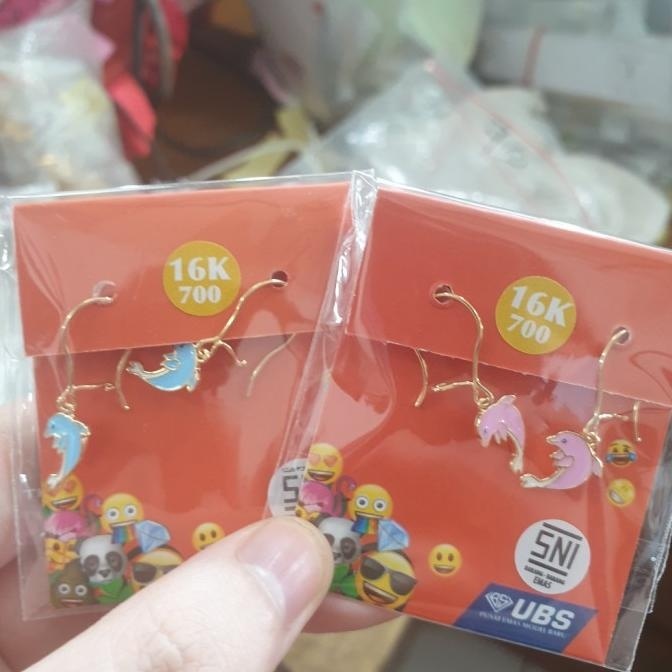 BIG SALE ANTING ANAK LUCU UBS EMOJI DOLPHIN LUMBA BIRU PINK EMAS ASLI 700 16K 