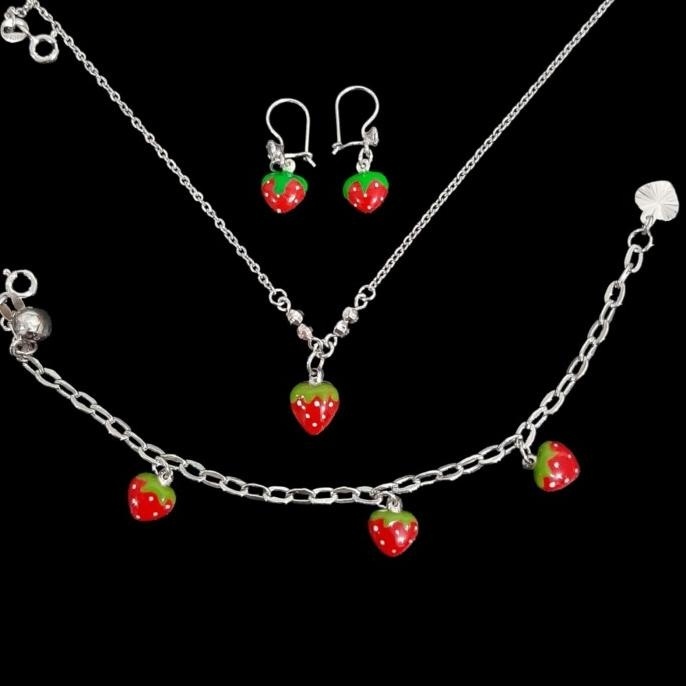 BIG SALE SET PERHIASAN ANAK STOBERRY PERAK 925 (ANTING+KALUNG+GELANG+CINCIN) 