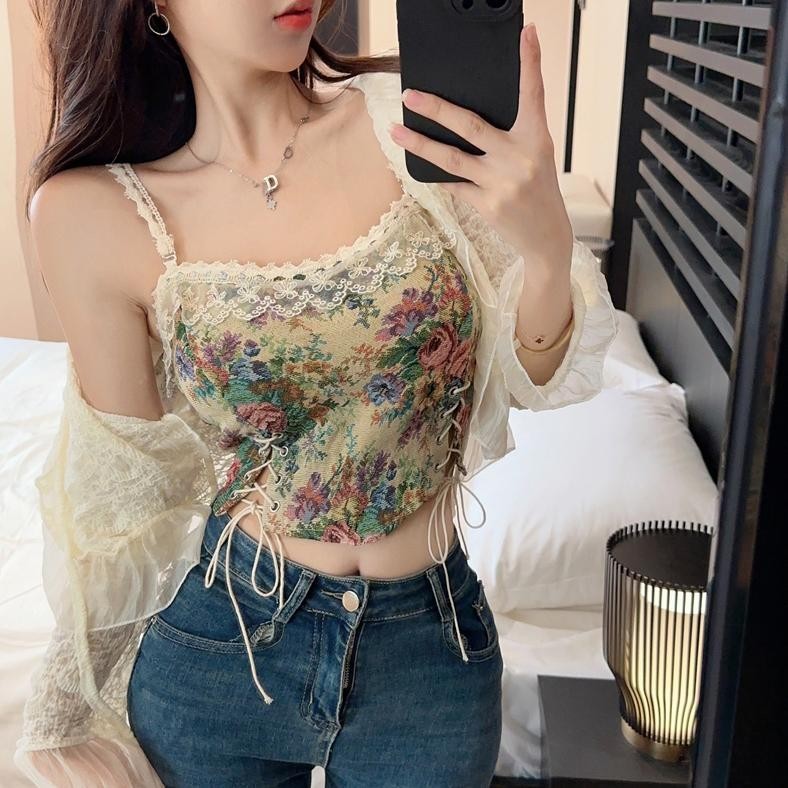 Korset crop top Vest Retro Model Floral Fit Lace Vest vintage ||