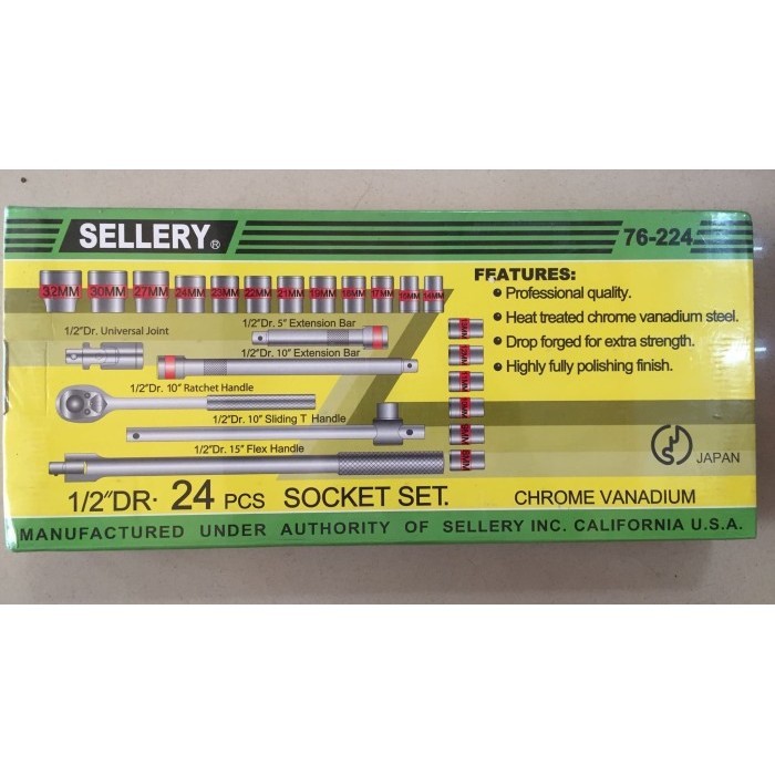 ✨New Ori Kunci Socket Set Vanadium Sellery 76224 24Pcs Socket Set 1/2 Berkualitas