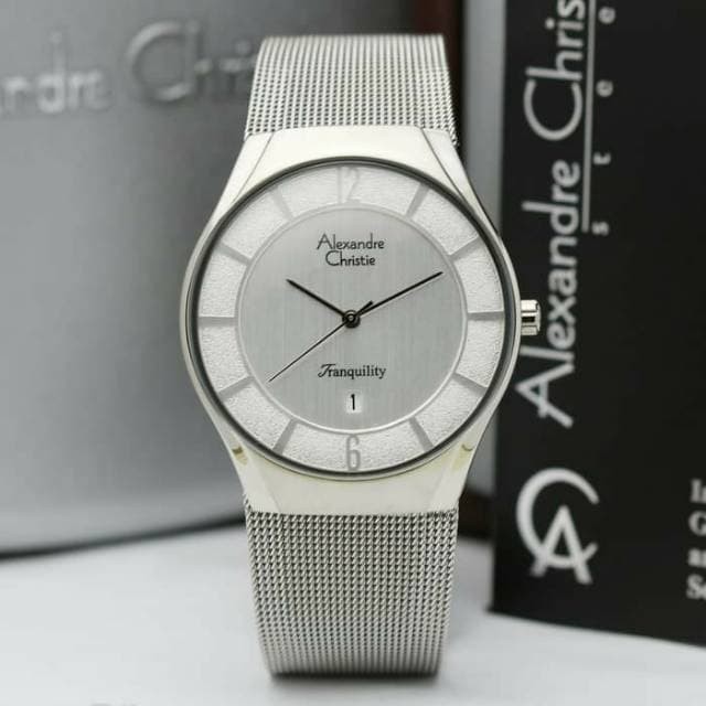 ✅New Ori Alexandre Christie 8331 Jam Tangan Pria Rantai Pasir Tipis Silver Terbaru