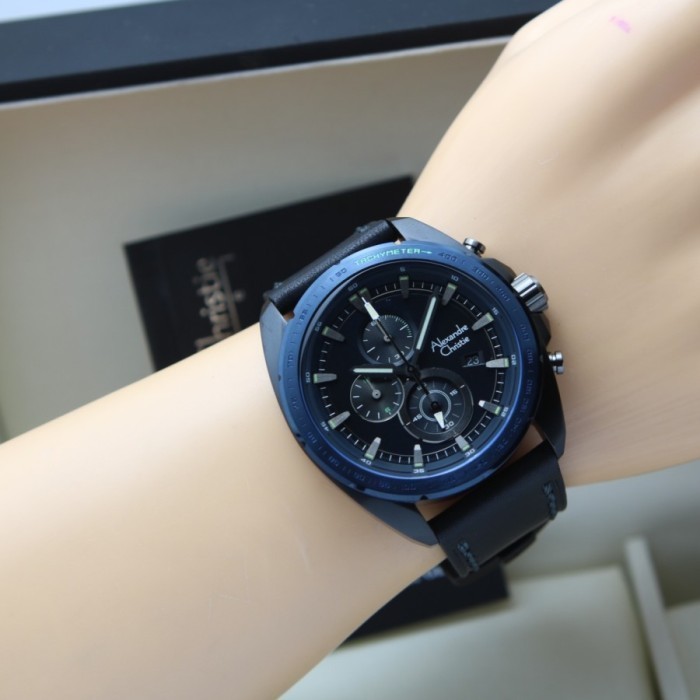 ✅New Ori Jam Tangan Alexandre Christie Pria Ac 6652 Tali Kulit - Black Blue Limited
