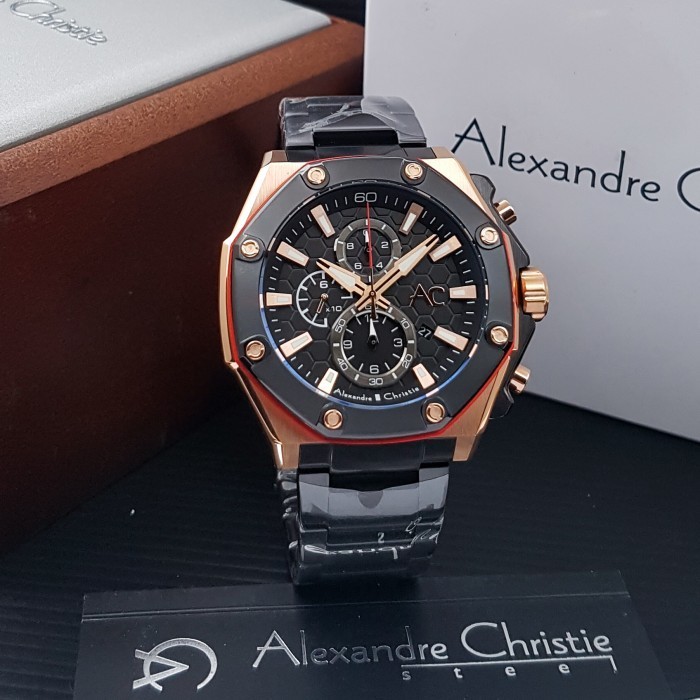 ✅Ready Alexandre Christie 9601 Pria Ac Collection - Black Rosegold Rantai Terbaru