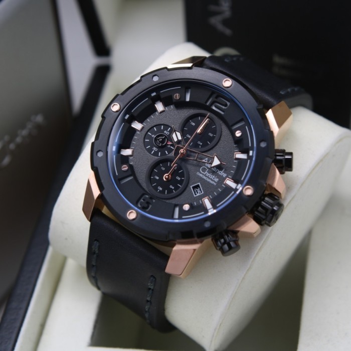 ✅Sale Jam Tangan Alexandre Christie Pria Ac 6410 Kulit - Black Rosegold Terbaru