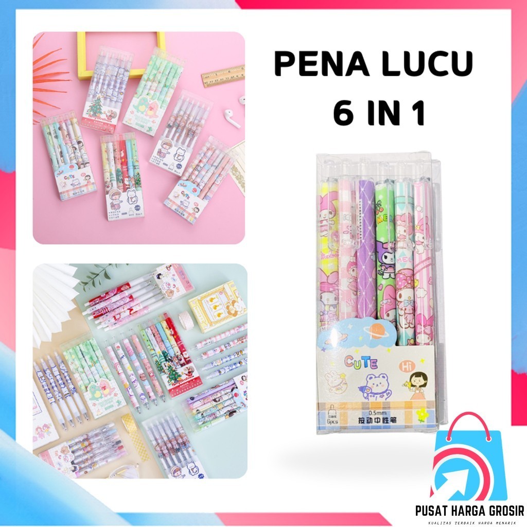

PHG - Bolpoin Tinta Gel Cair Model Cetekan Isi 6 Pcs Pena Aesthetic Pulpen Gel 0.5mm 6Pcs Pen