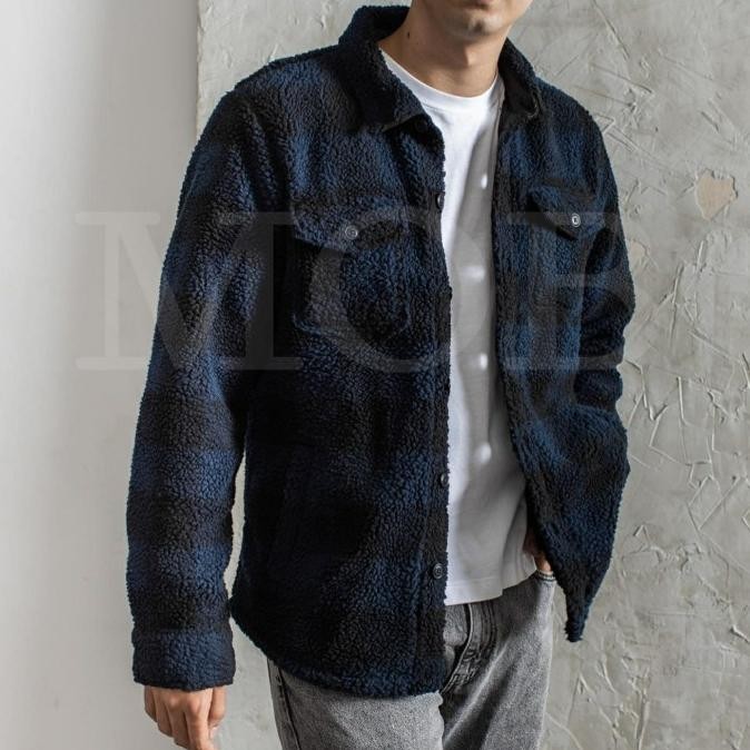 Shirt Jacket Gap Sherpa Blue Black Plaid Original - Size Xs-Xxl