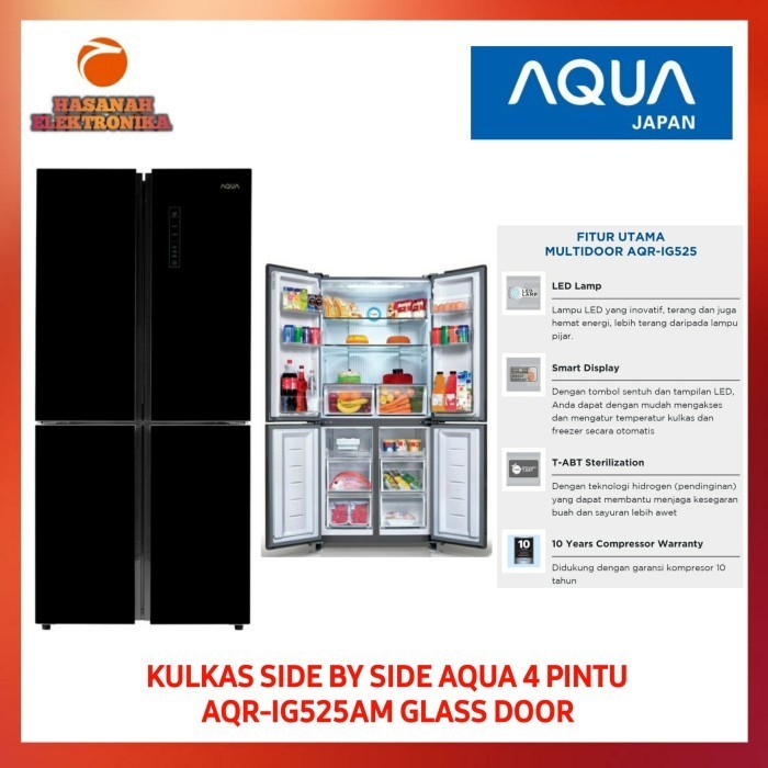 [Baru] Kulkas Side By Side Aqua 4 Pintu Aqr-Ig525Am Inverter Glass Door Black Limited