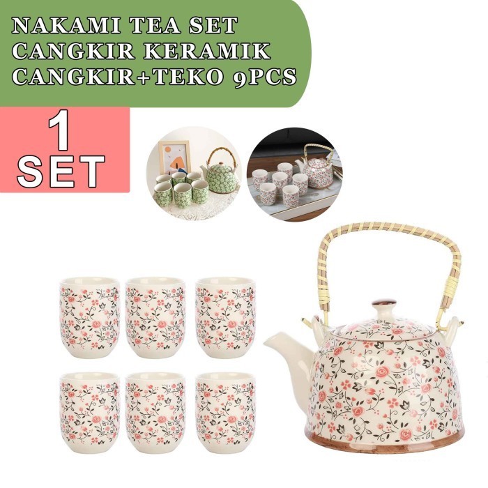 TEA SET JEPANG / GELAS+TEKO NAKAMI / GELAS KERAMIK / ISI 9PCS
