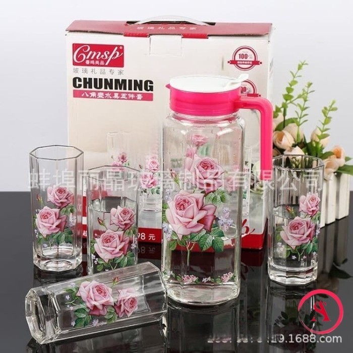 """] Set Teko Bahan Kaca Motif Bunga Warna Pink + 4 Gelas Beling Motif